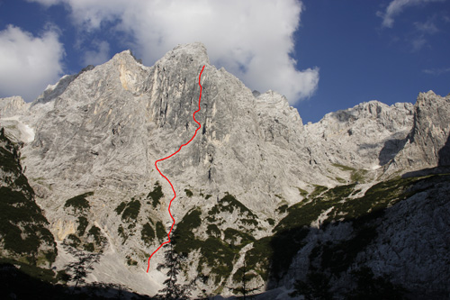 Routenverlauf durch die Domnordwestwand (Abendaufnahme)